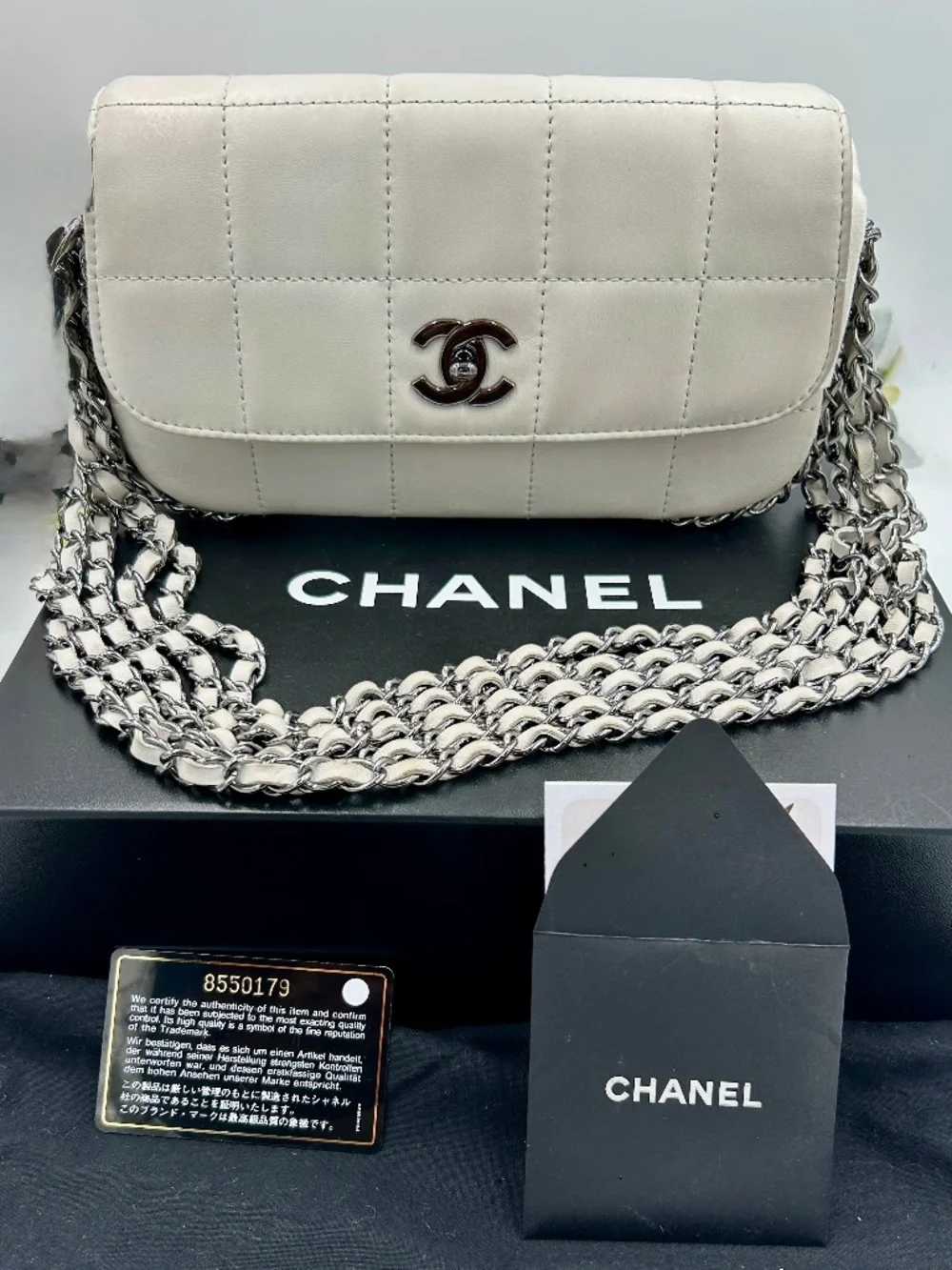 Women’s Chanel Chocolate Bar Multi-Chain Flap Bag. Made in Italy.